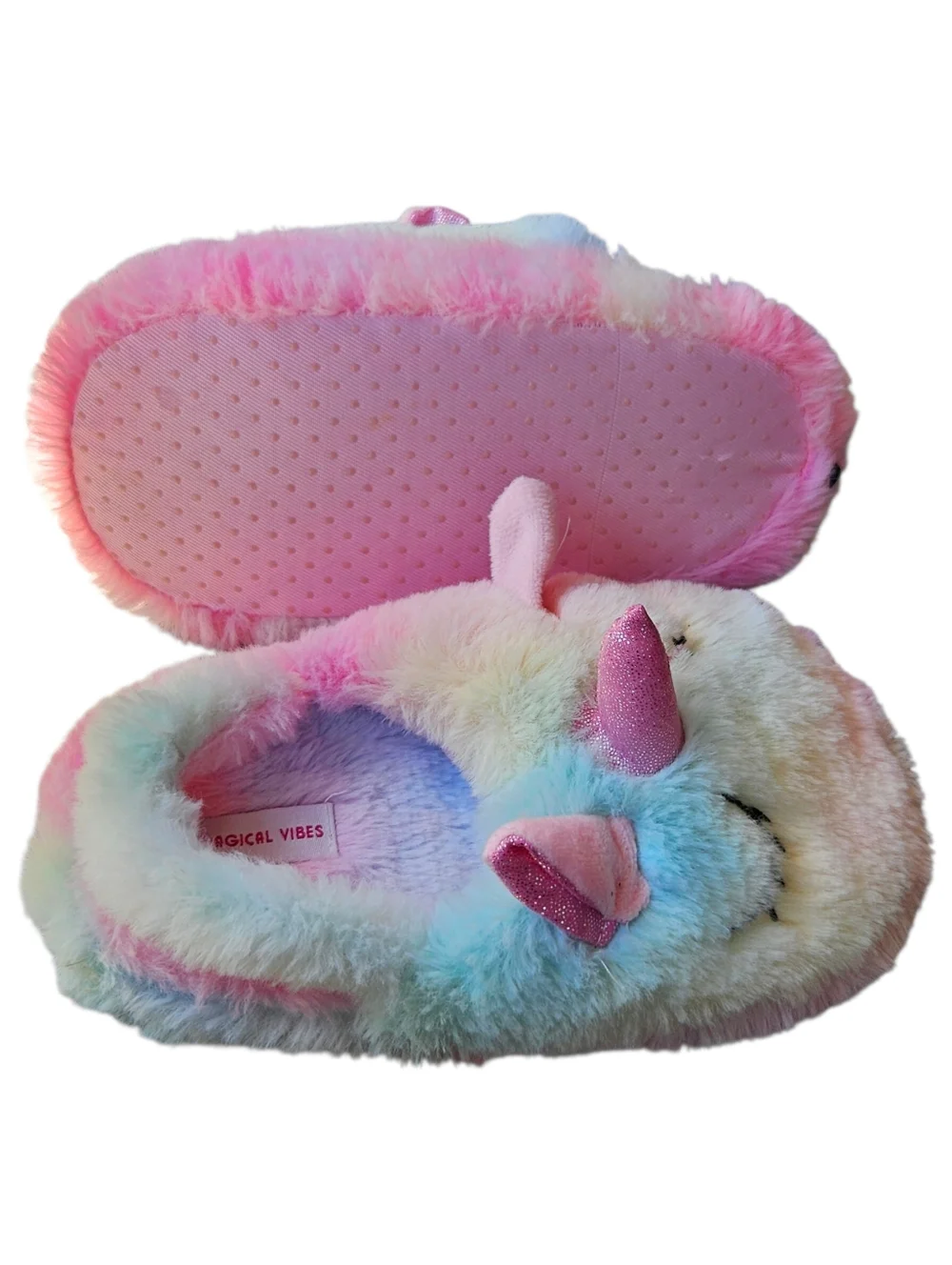 Magical Vibes Fluffy Faux Fur Rainbow Sparkly Unicorn Slippers Back Strap 9/10
